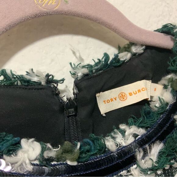 TORY BURCH Norfolk Green Black/Green Tweed Cap Sleeves A-line Sequin Dress $395 - Picture 14 of 16